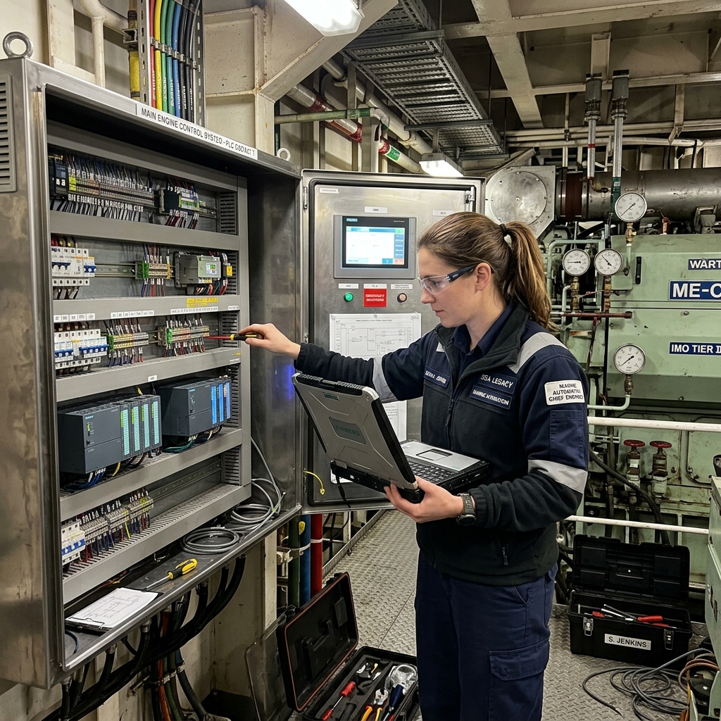 Marine engineer at engine-room automation control panel